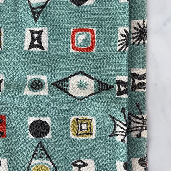 Vintage 50s Barkcloth Atomic Aqua Teal Fifties Space Age Fabric Yardage Panel - Picture 7 of 10